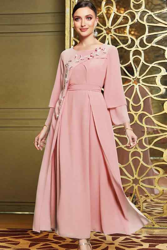 レディース ワンピース ドレス アラビアン風 パーティー ファッション エレガント パフォーマンス ビーズ 手縫い 二層 シフォン