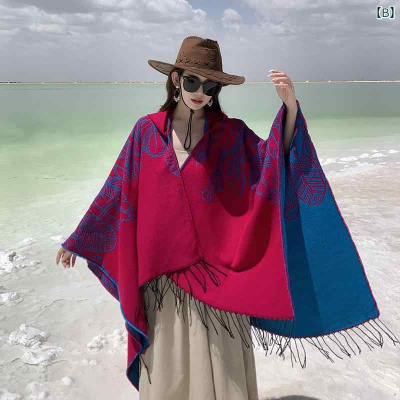 セキュアデポのエスニック フード ケープ ショール レディース トラベル ウェア 葉 模様 レディース 厚手 暖かい ポンチョ スカーフ セーター｜アングル2
