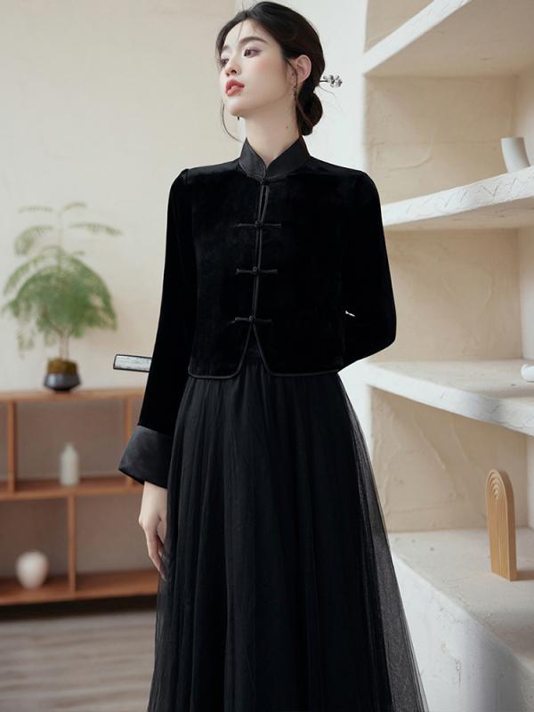 スカート レディース 秋 冬 ニット ボタン ベルベット トップス メッシュ 完全な セット 中華風 ライト ナショナル スーツ