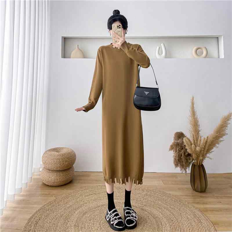 ニットワンピ レディース 秋冬 膝丈 タッセル セーター ドレス コート ベース インナー ニット スカート 韓国 ラウンドネック ドレス