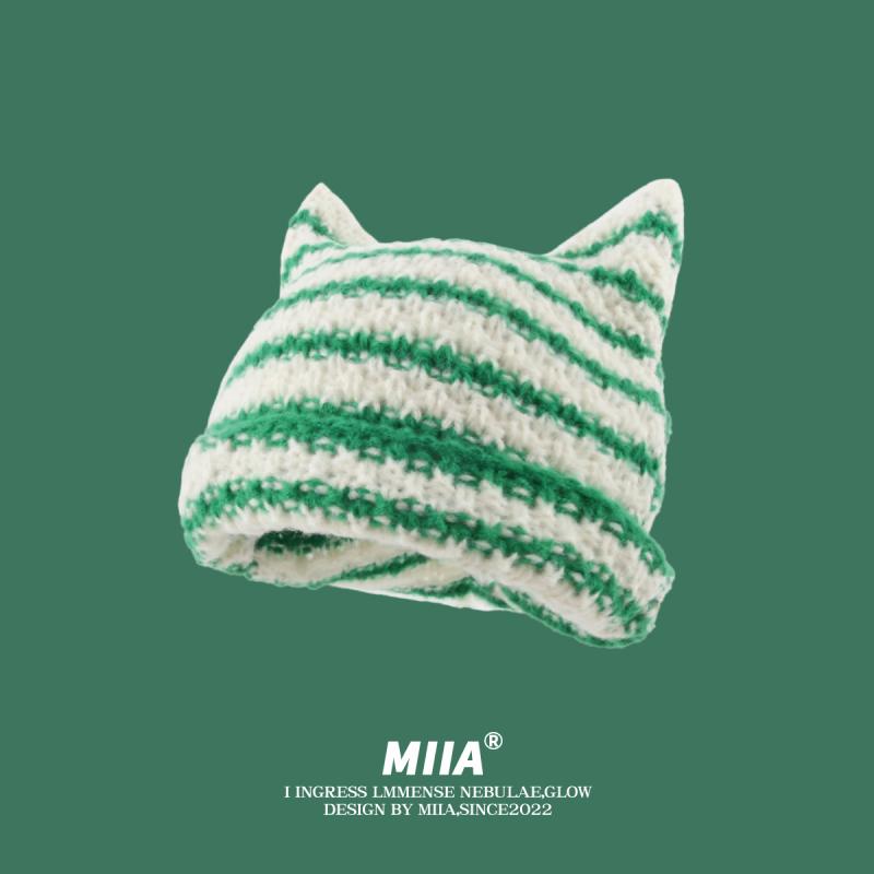秋 冬 ニット ウール 帽 小 悪魔 ホーン ストライプ 帽子 女性用 和風 猫 耳 かわいい 帽子 暖かい 冷たい 帽子 男性