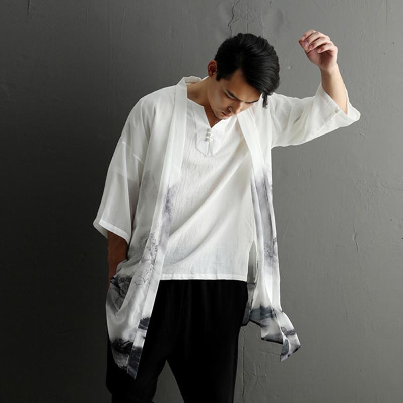 メンズ 夏 シフォン ウインドブレーカー 中華風 アウター プリント 薄手 ロング アンティーク 日焼け防止 カーディガン トップス