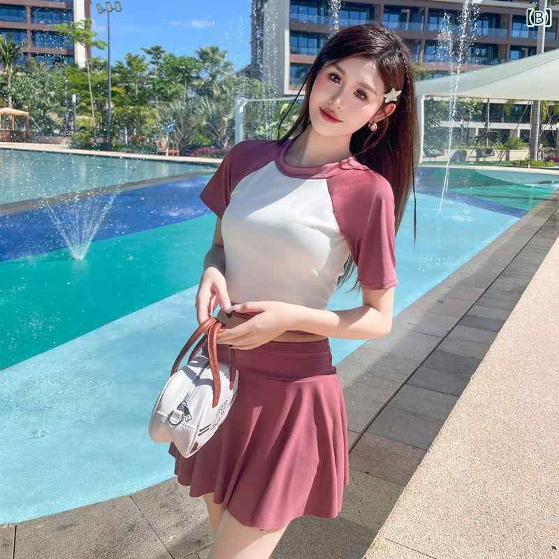 セキュアデポのレディース 夏 スポーツ 水着 フィットネス トレーニング 学生 カレッジ 大人 女性 ビーチ セパレート ツーピース カラー ブロック 半袖 かわいい 韓国 フレッシュ 温泉 旅行 リゾート レジャー｜アングル2
