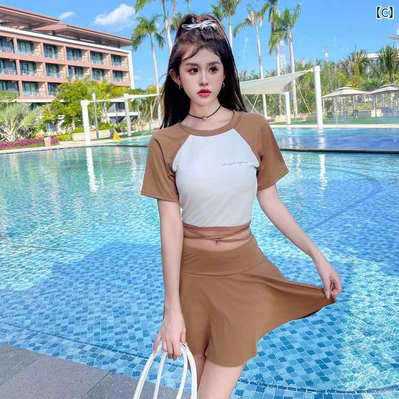 セキュアデポのレディース 夏 スポーツ 水着 フィットネス トレーニング 学生 カレッジ 大人 女性 ビーチ セパレート ツーピース カラー ブロック 半袖 かわいい 韓国 フレッシュ 温泉 旅行 リゾート レジャー｜アングル3