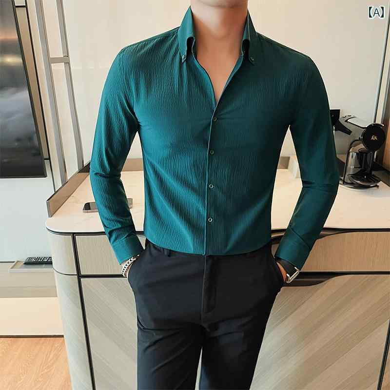 メンズ カジュアル シャツ ワンピース カラー 長袖 ハイエンド スリムフィット フレンチ ラージ V ネッ..