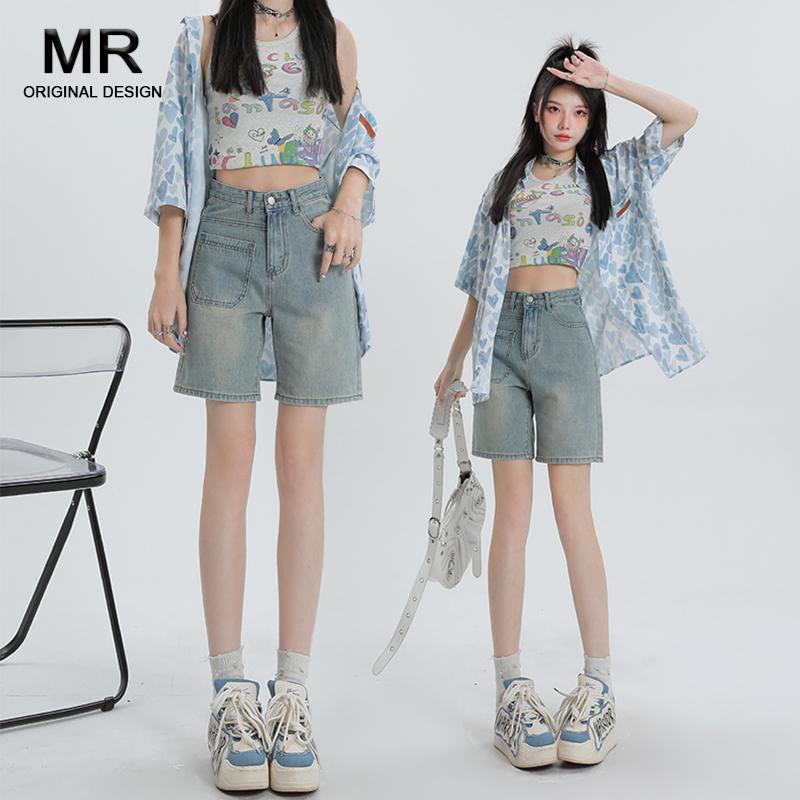 Short Pants - パンツ デニムパンツ レディース スタイリッシュ レトロ ハイウエスト 五分丈 デニムショートパンツ 女性 春 薄手 スリム ストレート