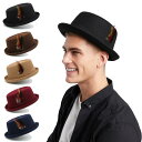 やや 大きめ 春秋冬 メンズ レディース ポーク パイ ハット 羽根飾り ハット レトロフラット トップ ジャズ