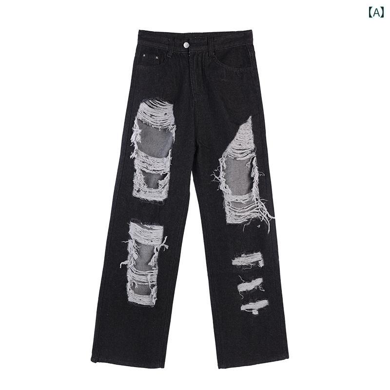 Straight Jeans - デニムパンツ 春 レディース 黒 ジーンズ ゆったり ローウエスト ワイド ストレートパンツ ブラック ダメージ 加工