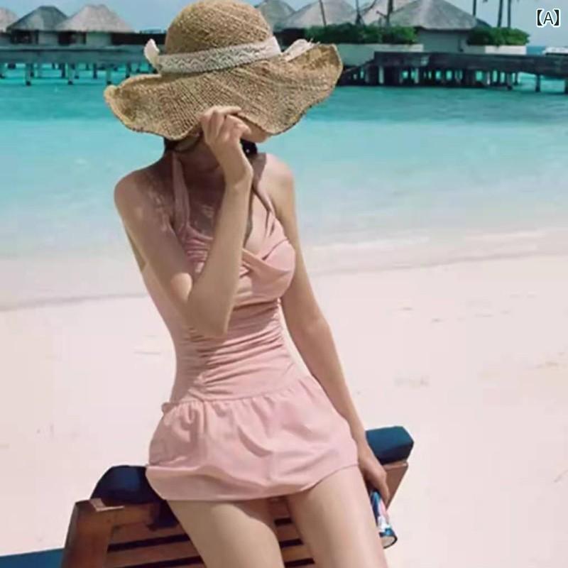 韓国 水着 レディース ワンピース スイート 爽やか お腹カバー スリム ガール スカート 温泉 ボクサーブリーフ カジュアル ノースリーブ 胸パッド