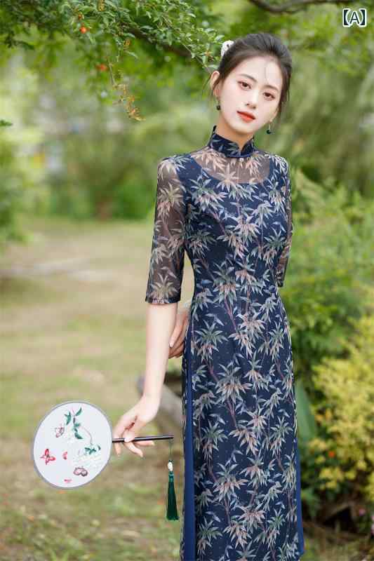 レディース 夏 アオザイ コスプレ 民族衣装 中華風 ロング チャイナ ドレス 秋 ミッド スリーブ ハイエンド ストレッチメッシュ