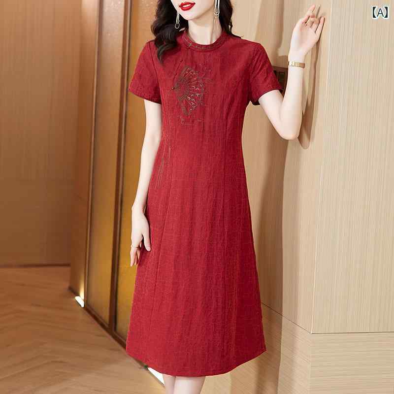 レディース 夏 ワンピース きれいめ 上品 マザーズ ミセス 婦人服 ハイエンド ひび割れ チュール ドレス 女性 桑 チャイナ レトロ 刺繍 ファッション