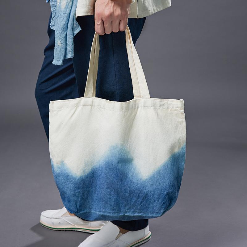 チャイナ風 キャンバスバッグ 絞り染め ハンドバッグ 植物 青 染料 グラデーション 絞り染め メンズバ..