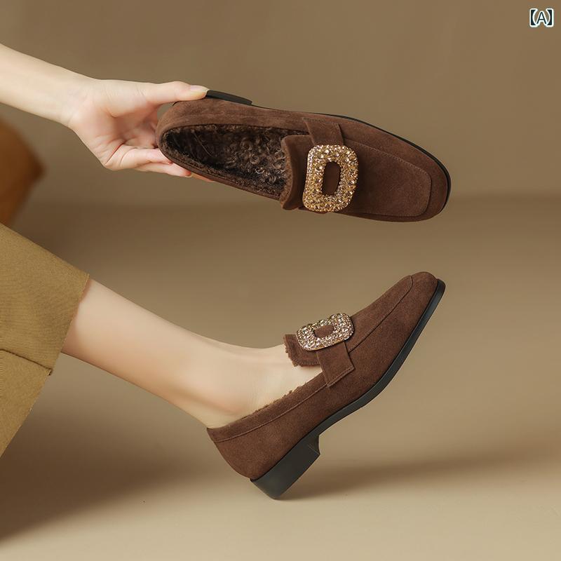 レディース ローファー 通学 通勤 学生 カレッジ 仕事 オフィス 秋冬 羊 革 ラウンドトゥ 女性 ベルベ..