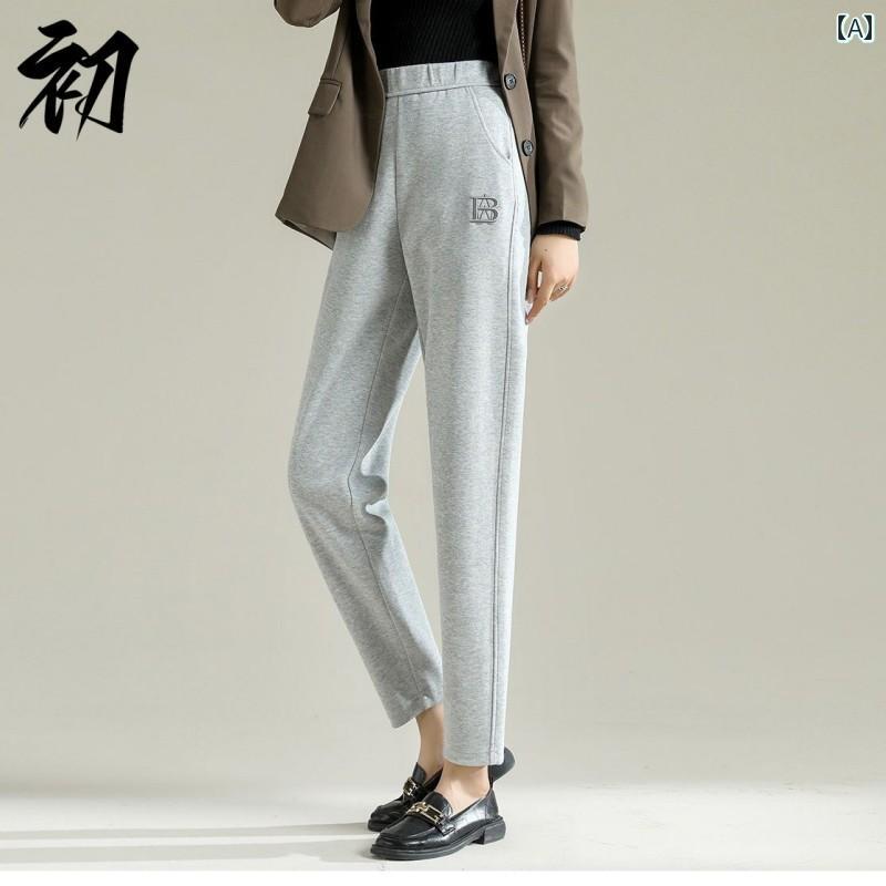 Capri Pants - 春夏 レディース ハイウエスト スリム カジュアル スウェット パンツ 厚手 小柄人 ロング レディース ウエストゴム レター ポケット