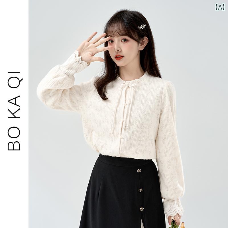 レディース ブラウス 秋冬 ラウンドネック 長袖 シャツ 女性 ガーリー 大人かわいい 蝶 ネクタイ(4)