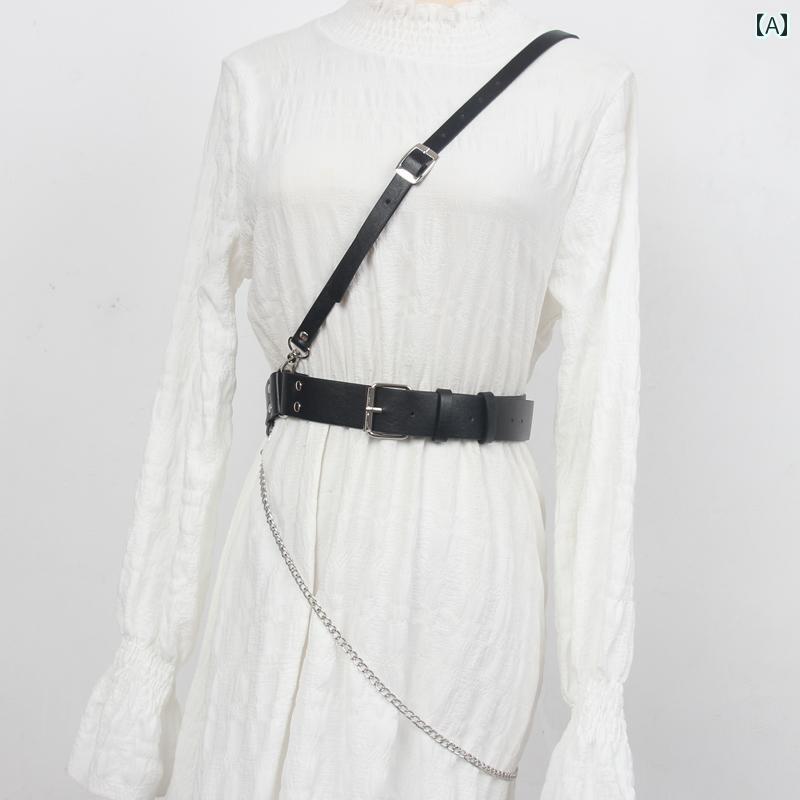 ベルト レディース チェーン サスペンダー アウター ウェア 黒 フェイク レザー ベルト ワンショルダー 斜め オールインワン パンク ロック 個性 ヴィジュアル系 バンド ファッション モード サブカル
