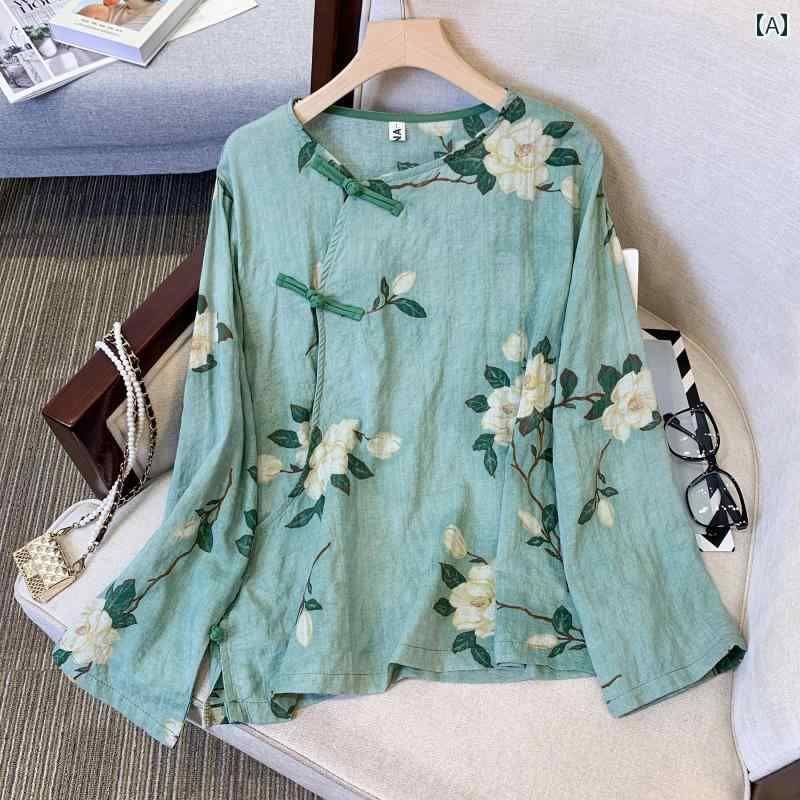 レディース カジュアル 夏 シャツ トップス おしゃれ お母さん 普段使い 婦人服 レトロ 文学 ラミー プリント 長袖 女性 春 中華風 瞑想 茶道 スーツ 漢服 T