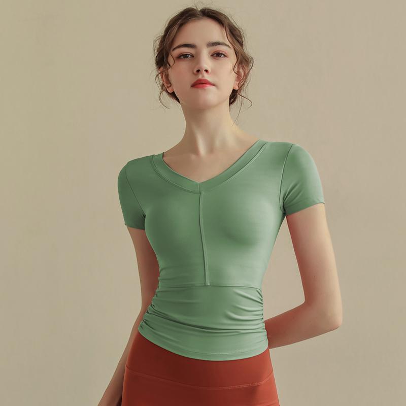 Other - レディース 胸パッド ヨガ 服 Vネック 半袖Tシャツ 秋 ランニング スポーツフィットネス トップス