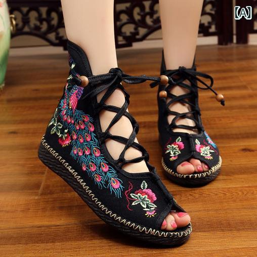 レディース 夏 エスニック ショート ブーツ おしゃれ 春 古風 布靴 刺繍 靴 女性 フラット 婦人靴 レー..