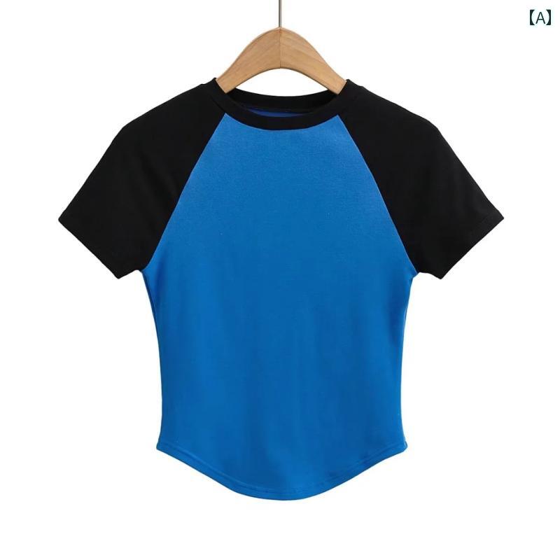 トップス レディース ファッション 夏 対照的 カラー スプライシング ラウンドネック 半袖 タイトフィット スリム 不規則 ハイウエスト ショート Tシャツ 女性