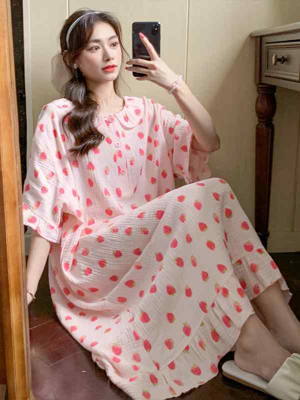 パジャマ レディース かわいい 綿 ガーゼ 半袖 寝間着 レディース 夏 薄手 ロング リラックス ウェア ロング スカート ゆったり