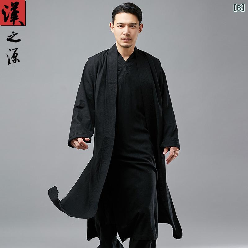 ジャケット メンズ コットン 中華風 ノースリーブ チョッキ ミドル丈 ベスト ウインドブレーカー レトロ リネン 道教 ローブ マント 中国 漢服 紳士服