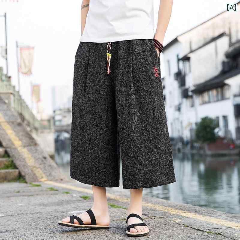 メンズ パンツ 中華風 冷感 クロップド リネン サマー レトロ コットンリネン エスニック ワイド レッグ