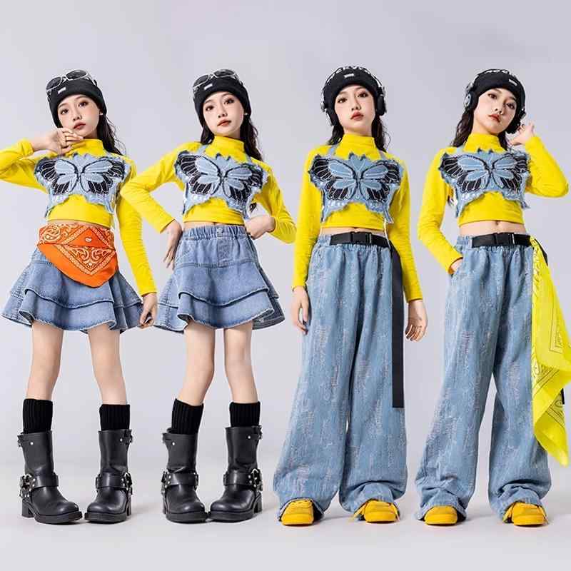 子供服 女の子 Tシャツ へそ出し ジーンズ ミニスカート 秋冬 コスチューム バンド ダンス ヒップホップ ストリート系 パフォーマンス 衣装 クール かっこいい キッズ