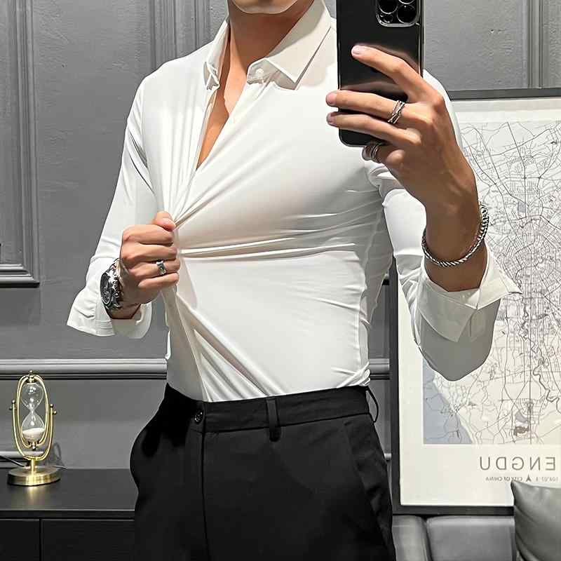 メンズ ビジネス おしゃれ 紳士服 シームレス 高ストレッチ 長袖シャツ ドレープ感 春夏秋 ノーアイロン シャツ ビジネス カジュアル スリム シャツ スリムフィット