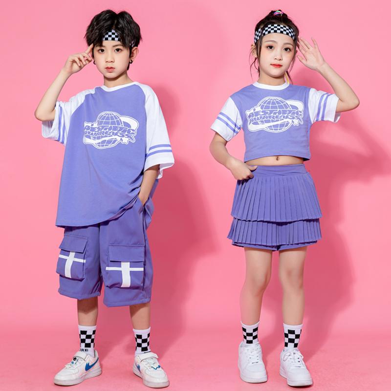 子供 キッズ ダンス 衣装セット 半袖 パープル 韓国 イベント フェス レジャー ス...