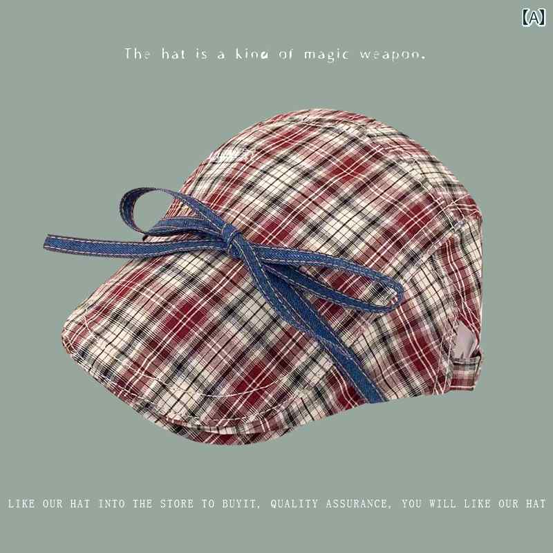 レディース 夏 ハンチング帽 おしゃれ 帽子 レトロ 蝶 ネクタイ チェック柄 前傾 春 韓国 文学 かわいい ベレー 帽