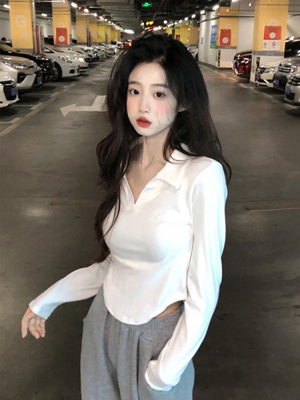 シャツ レディース 秋 カジュアル 長袖 トップス ポロ カラー ショート T ホット ガール スリム ホワイト ボトム