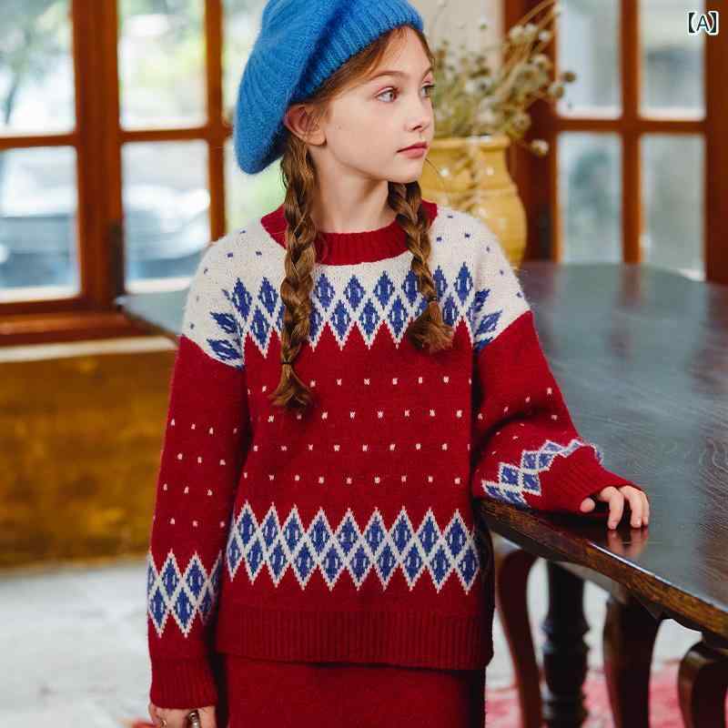 スカート 子供服 女の子 おしゃれ かわいい ニット スーツ 春 レトロ スーツ 子供 ラウンドネック レッド