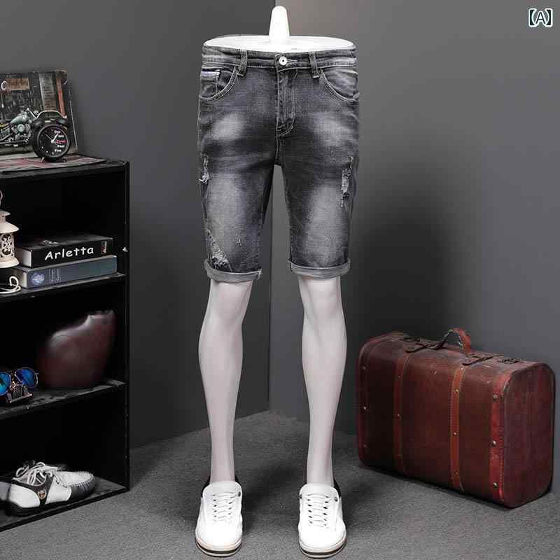 メンズ 夏 カジュアル パンツ デニム ハーフ サマー 半ズボン 薄手 五分丈 グレー リップド ショート スリムフィット ミドル丈