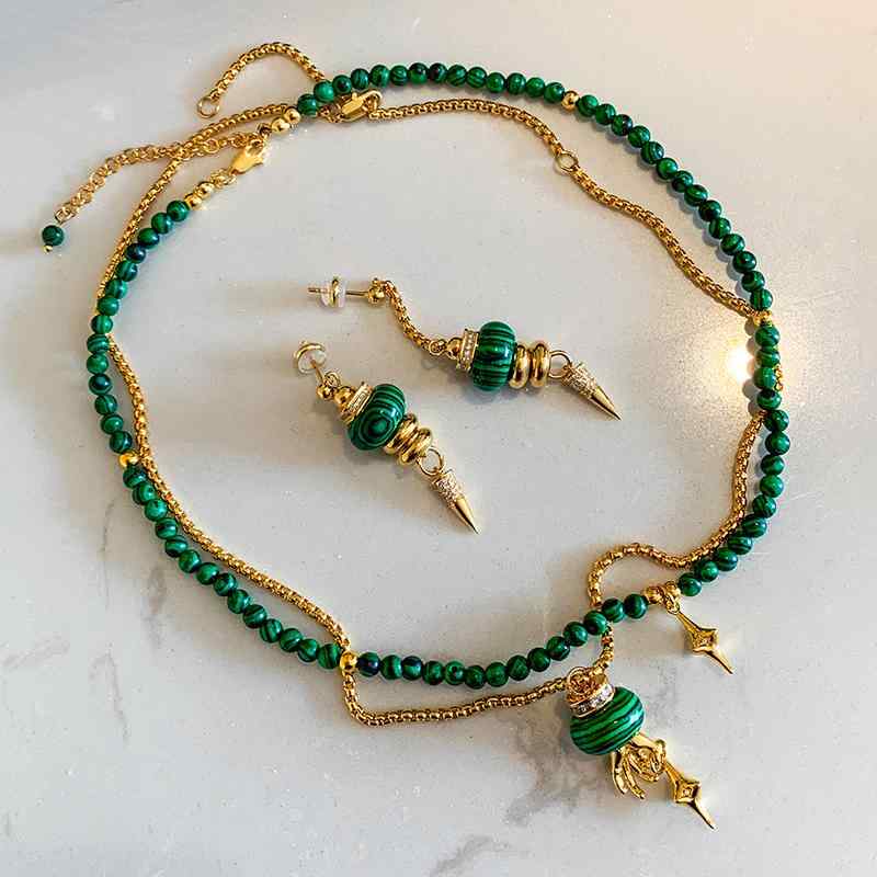アクセサリー レディース ネックレス アメリカ レトロ グリーン ビーズ マラカイト ネックレス スタック セーター チェーン