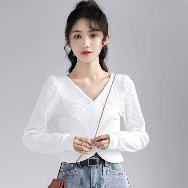 レディース ホワイト Vネック シャツ 長袖 春秋 クロス スリム ショート ボトム トップス ショート丈インナー 変形クロスニット 暖かい おしゃれ