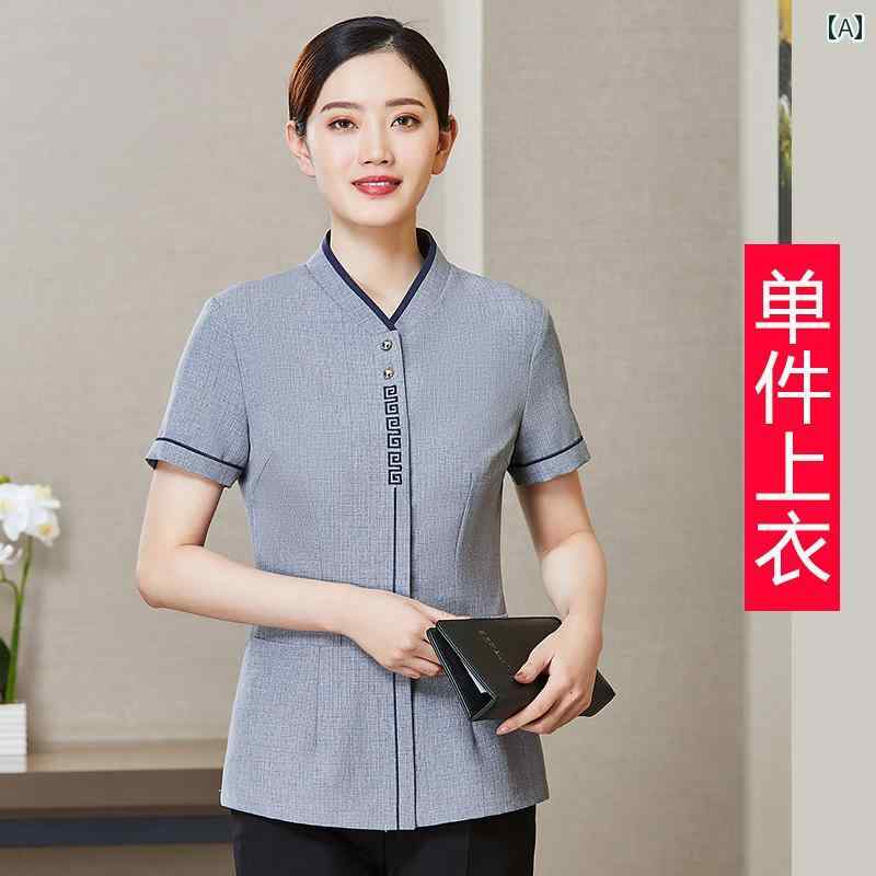 清掃員 作業着 半袖 レディース PA 夏服 ポリエステル繊維 ポリウレタンストレッチ繊維 クリーニング ユニフォーム ウェイター 制服 ホテル 客室 ハウスキーピング コミュニティ