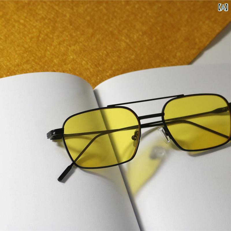 サングラス おしゃれ オールシーズン テクスチャー 加工 ダブルビーム ナロー フレーム ゴールドリム スクエア メタルフレーム アンチ ブルー ライト フラット ミラー カップル