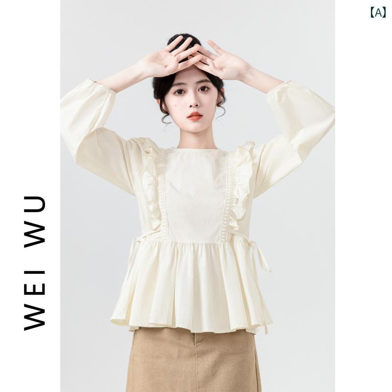Long-Sleeved - レディース トップス シャツ ブラウス パフスリーブ 長袖 春秋 フリル おしゃれ カジュアル 通学 ショッピング 休日 リゾート 普段使い