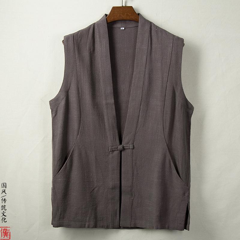 ジャケット メンズ 春 夏 カジュアル 中国 アンティーク 綿 リネン ベスト 無地 Vネック チョッキ バックル ノースリーブ 唐 スーツ リネン マンダリン