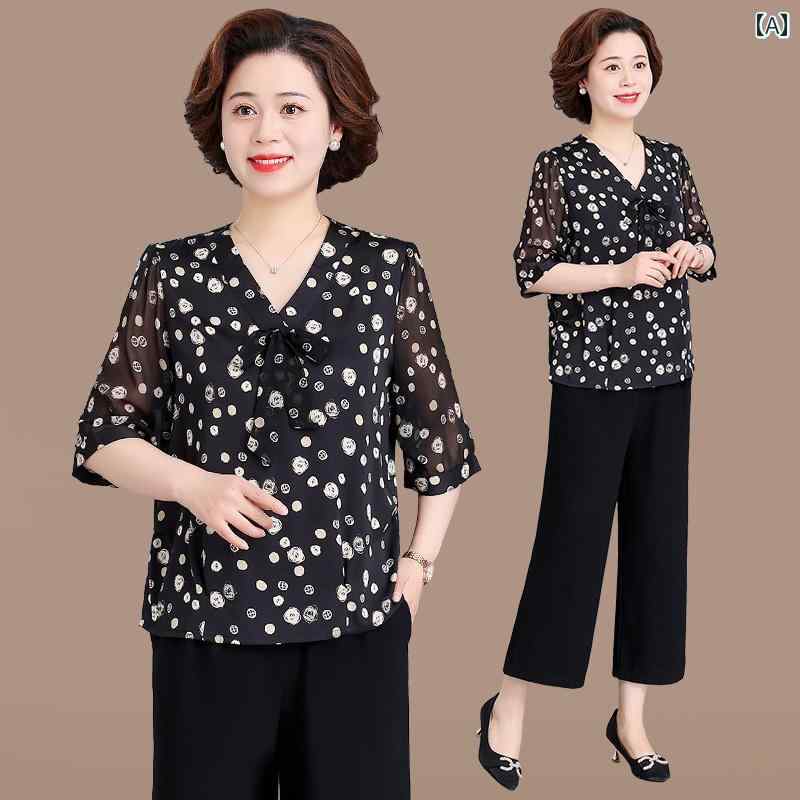 セットアップ レディース レディース シニア 夏 半袖 シャツ 模様 シフォン スポーツ おしゃれ お腹カバー ワイドパンツ 上下 2点セット 大きめサイズ