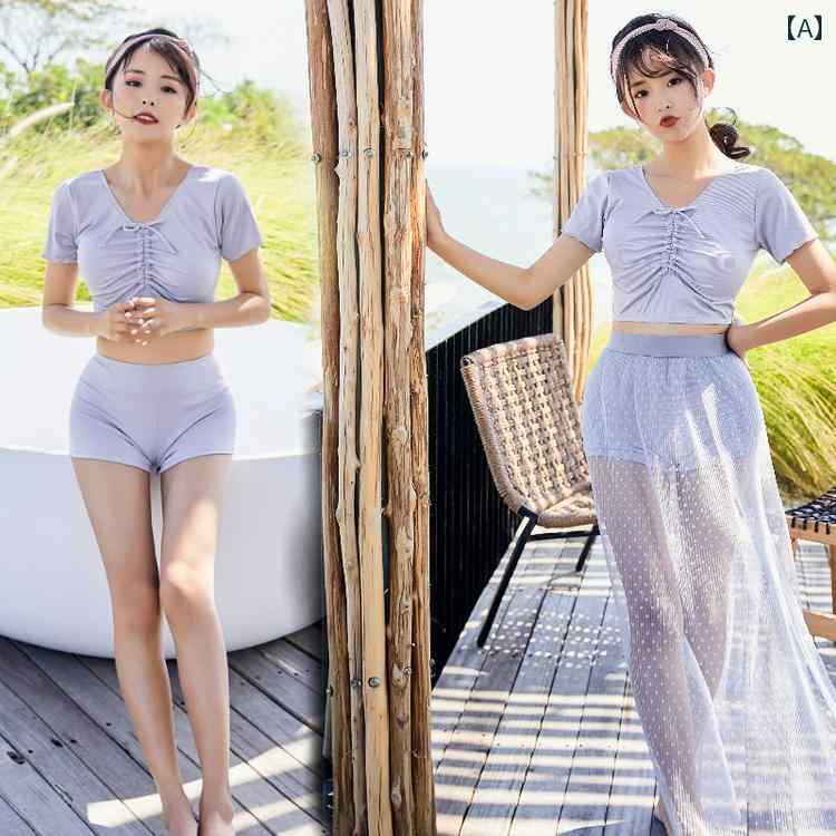 レディース 夏 ハイウエスト ビキニ 水着 ビーチ リゾート レジャー プール 旅行 おしゃれ セパレート スリーピース フラット ボクサーショーツ 保守的 スリム 見え お腹 カバー 半袖 学生