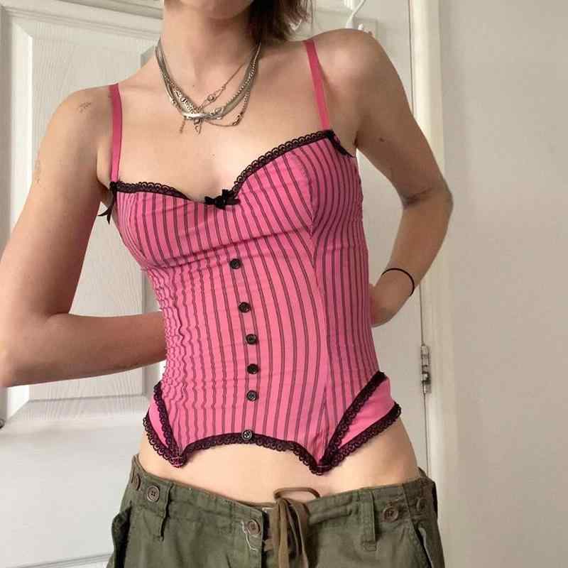 レディース トップス キャミソール 欧米風 ヒッピー ピンク ストライプ レース スイート クール イレギュラー