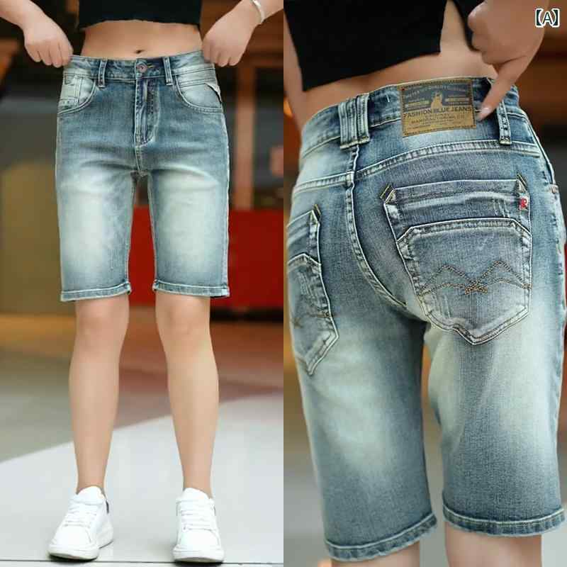 Denim - メンズ レディース カジュアル 夏 パンツ デニム ハーフ ウォッシュド レトロ ショート 快適 ストレート レッグ 五分丈 ダメージ