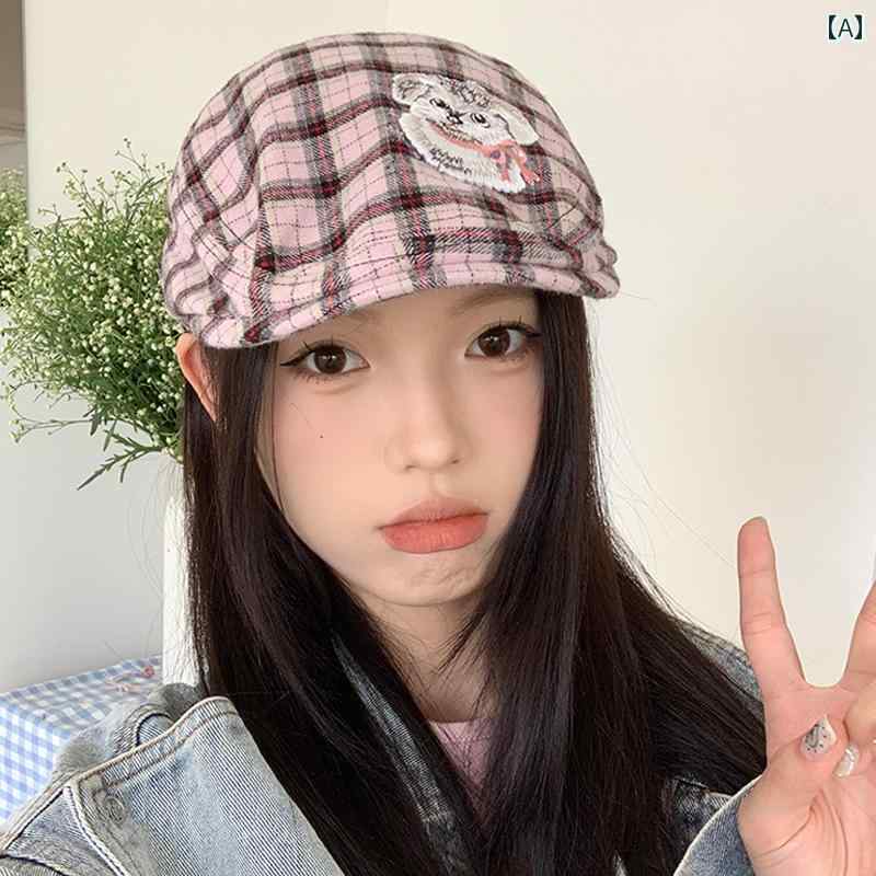 Newsboy Cap - ハンチング帽 おしゃれ Y2K ガーリー 女の子 ベレー帽 レディース かわいい ストリート レトロ 帽子 チェック 子犬 小顔効果 キャスケット