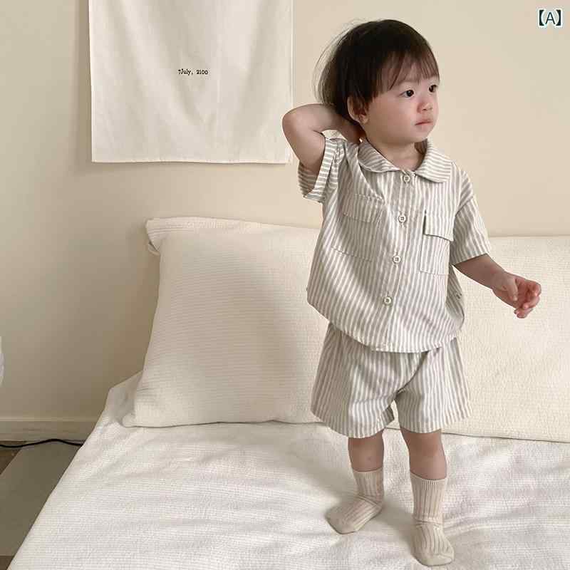キッズ ベビー かわいい 夏 韓国 赤ちゃん 薄手 ストライプチェック シャツ ショート パンツ スーツ ボーイ 赤ちゃん おかけ セット