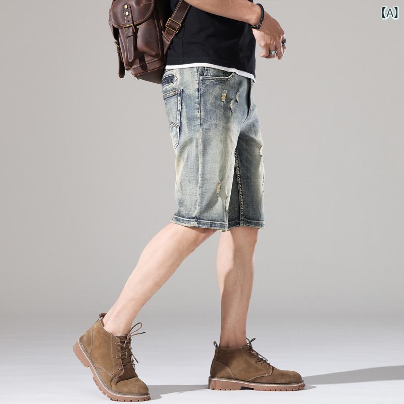 メンズ 夏 カジュアル パンツ デニム サマー ボトムス ハーフ ズボン アメリカ デニムショート ファッション 分 レトロ リップ ミッド ノスタルジック