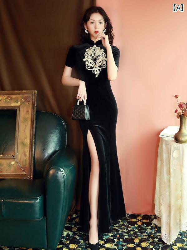 レディース チャイナ ドレス おしゃれ ワンピース コスプレ 撮影 衣装 黒 ベルベット 魅惑的 フィッシュ テール ハイ スリット ロング オールド 女性