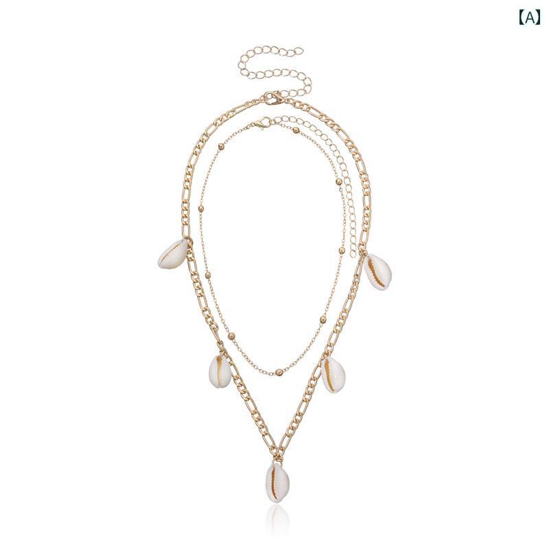 レディース ネックレス アクセサリー 水着 ビキニ サマー ビーチ プール オーシャン エスニック シェル ペンダント メタル 二層 合金 ロング アンド ショート シーサイド ファッション トライバル