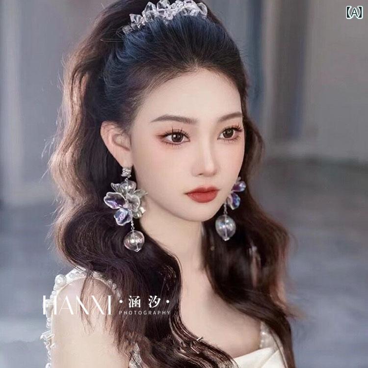 ピアス ウェディング アクセサリー ブライダル 透明 ガラス フラワー ウェディング イヤリング ウェディングドレス アクセサリー